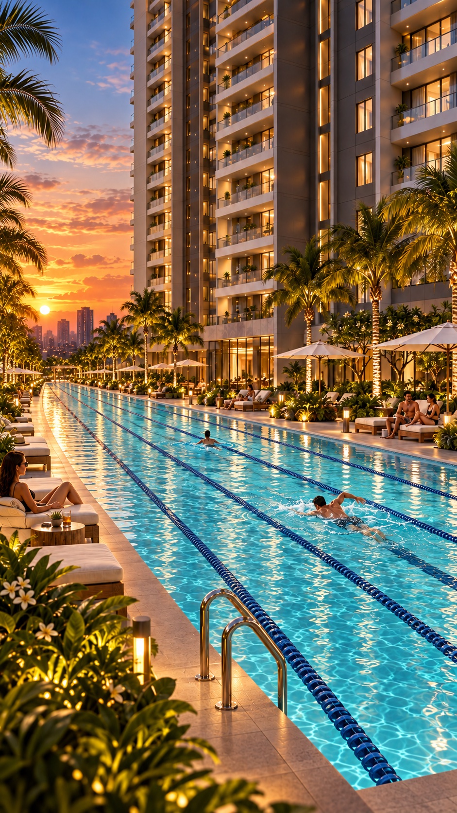 Imagem conceitual da piscina com raia de 100 metros no térreo